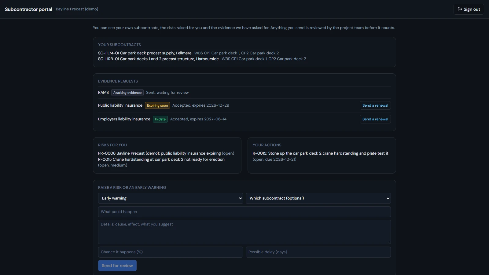 Subcontractor portal showing evidence requests and a review queue